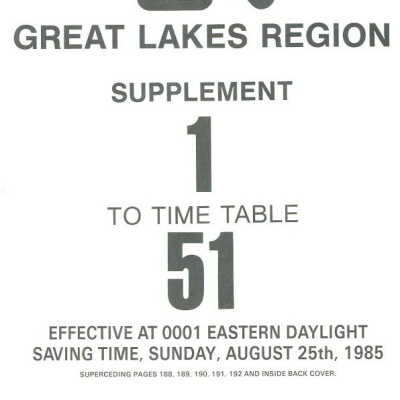 Employee Timetable, CN Rail, Supplement 1 to 51, August 25th 1985, Great Lakes Region.