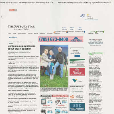Sudbury Star on the Garden of Life "Garden Helps Raise Awareness about Organ Donation"