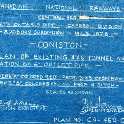 Document, Plan, Canadian National Railways, Central Region, Northern Ontario District, Capreol Division, Sudburyu Subdivision, Mile 107.8, Coniston, Plant of Existing 4'x6' Tunnel and location of 6' outlet pipe, Plan No. CA-469-C.