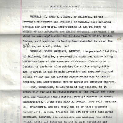 Patent Transfer, Assignment No. 98349. Fred A. Jordan to Moose Mountain Ltd. United States Patent Office, May 5th 1914.