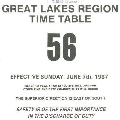 Employee Timetable, CN Rail, 56, June 7th 1987, Great Lakes Region.