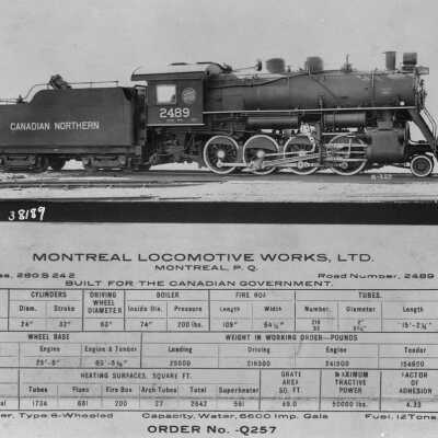 Photograph, Canadian Northern Railway Locomotive No. 2489, with particulars by Montreal Locomotive Works Limited.