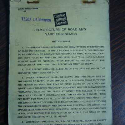 Canadian National Railways Time Return of Road and Yard Enginemen
