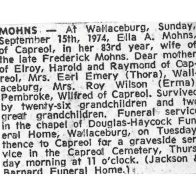 Document, Obituary, Ella A. Mohns.