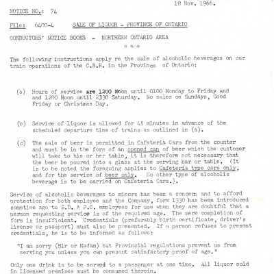 Document, CNR Sale of Liquor Notice Northern Ontario.
