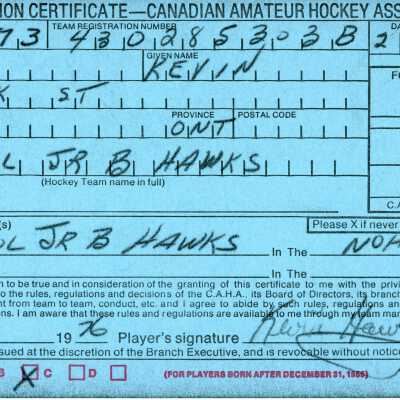 Hockey Player Registration Certificate belonging to Kevin Harvey