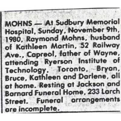 Document, Obituary, Raymond Mohns.
