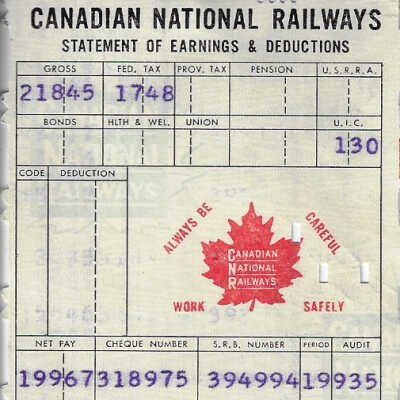 Canadian National Statement of Earnings and Deductions Belonging to Frank Mazzuca