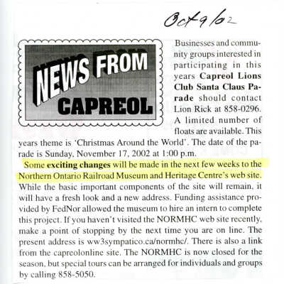 "News from Capreol" in Valley Vision, 9 October 2002