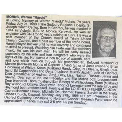 Document, Obituary, Warren "Harold" Mohns.