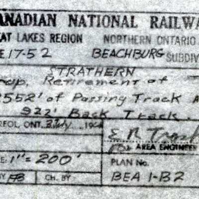 Document, Plan, Canadian National Railways, Great Lakes Region, Northern Ontario Area, Mile 175.2, Beachburg Subdivision, Strathern, Proposed Retirement of 2552' of Passing Track and 922' Back Track.