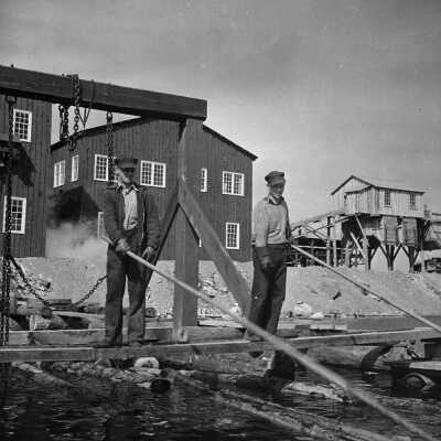 Photograph, Men feeding the jackladder at Temagami, Gillies Bros. sawmill. Mill sut down permanently on Nov. 1957 and dismantled in about 1970.