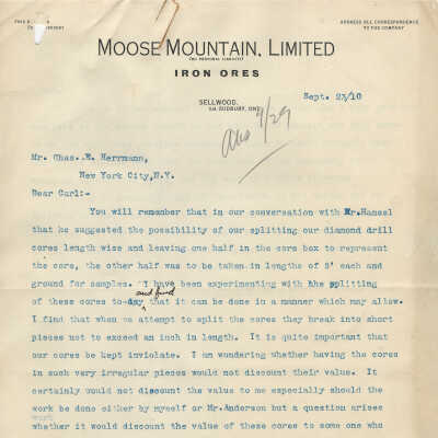 Correspondence, Acquiring Electric Power, Moose Mountain Limited, Sellwood, 1909-1910
