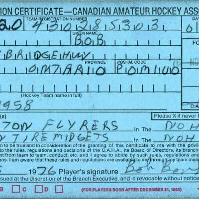 Hockey Player Registration Certificate belonging to Bob Bonhomme