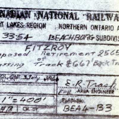 Document, Plan, Canadian National Railways, Great Lakes Region, Northern Ontario Area, Mile 335.4, Beachburg Subdivision, Fitzroy, Proposed Retirement 2565' of Passing Track & 667' Back Track.