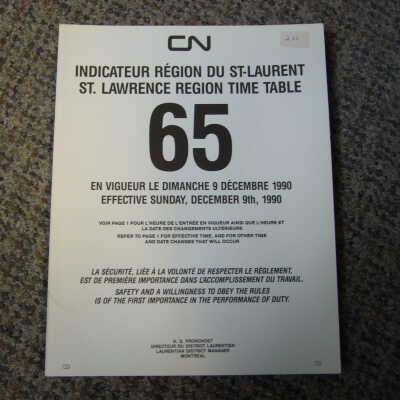Employees Operating Timetable 65 St. Lawrence Region, December 9th 1990