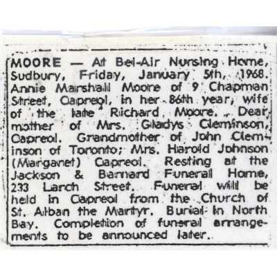 Document, Obituary, Annie Marshall Moore.