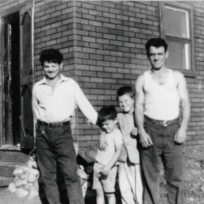 Photograph, CPR Bunkhouse at Cartier Station, Pictured left to right are Angelo and Papino Cacciotti.