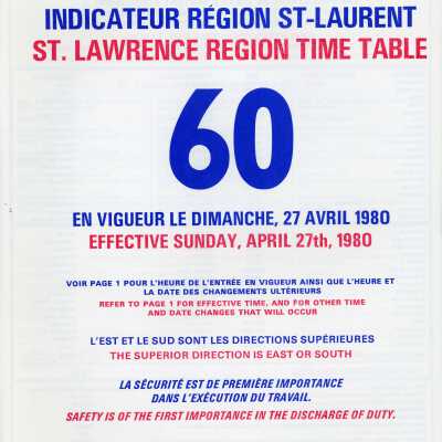 Employee Timetable, CN Rail, St. Lawrence Region Time Table 60, April 27th 1980.