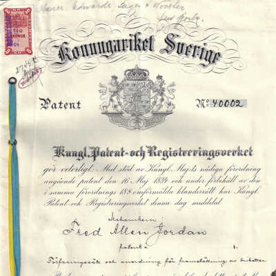 Swedish Patent No 40002, Fred A. Jordan, Methods of Making Briquets, Kingdom of Sweden (Konungariket Sverige) Stockholm, January 5th 1916 (Attached Letter, Edwards, Sager & Wooster, February 16th 1916)