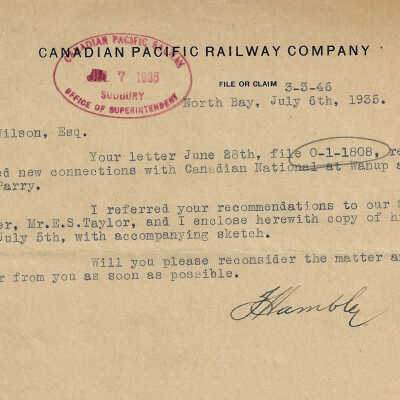 Canadian Pacific Telegram from T. Hambley, Esquire to T. A. Wilson, Esquire