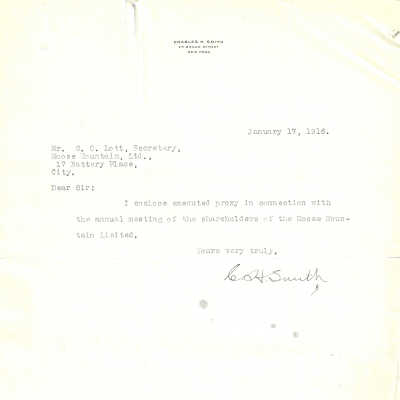 Letter, C.H. Smith to G.C. Lott, Moose Mountain Limited. January 17th, 1916