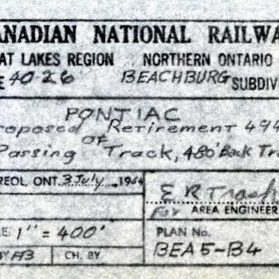 Document, Plan, Canadian National Railways, Great Lakes Region, Northern Ontario Area, Mile 402.6, Beachburg Subdivision, Pontiac, Proposed Retirement 4949' of Passing Track, 480' Back Track.