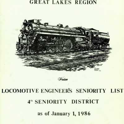 Document, CN Rail, Great Lakes Region, Locomotive Engineer's Seniority List, 4th Seniority District as of January 1, 1986.