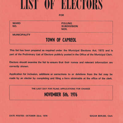 Town of Capreol Voters' List 1976