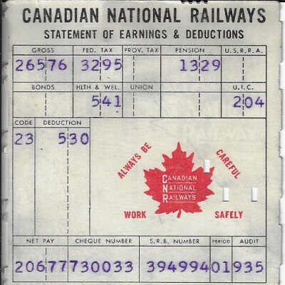 Canadian National Statement of Earnings and Deductions belonging to Frank Mazzuca