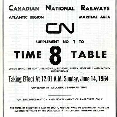 Timetable Supplement 1 to CN Atlantic Region - Maritime Area 8, June 14, 1964