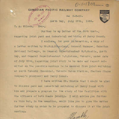 Letters: sent to T. A. Wilson, Esquire (CP) from T. Hambley regarding a joint yard and industrial switching at Parry Sound and letter from W. A. Kingsland (CN) to W. T. Moodie and T. C. Hudson (CP), and reply to T. Hambley