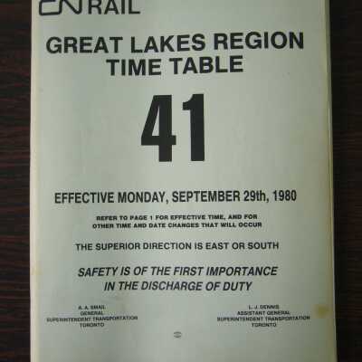 CN Great Lakes Region Time Table No. 41, Effective Monday, September 29th, 1980