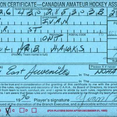 Hockey Player Registration Certificate belonging to Ivan Pelletier