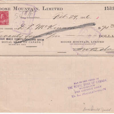 Photograph, Cheque, Moose Mountain Mine, Sellwood, Ontario.