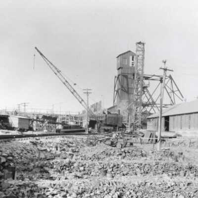 Photograph, Erecting New Headframe and Surface Buildings at Frood Mine, INCO, Copper Cliff, Ontario, August 1928.
