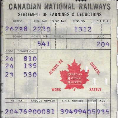 Canadian National Statement of Earnings and Deductions belonging to Frank Mazzuca