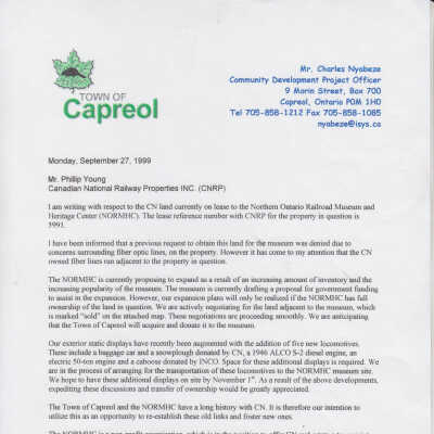 Letter from Town of Capreol Charles Nyabeze and Bob Michelutti to CN Real Estate Phillip Young, RE: Reopen negoitions for CN land of NORMHC for Expansion denial due to fiber lines