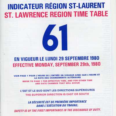 Employee Timetable, CN Rail, St. Lawrence Region Time Table 61, September 29th 1980