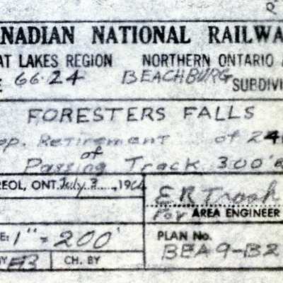 Document, Plan, Canadian National Railways, Great Lakes Region, Northern Ontario Area, Mile 662.4, Beachburg Subdivision, Foresters Falls, Proposed Retirement of 2400' of Passing Track, 300' Back Track.
