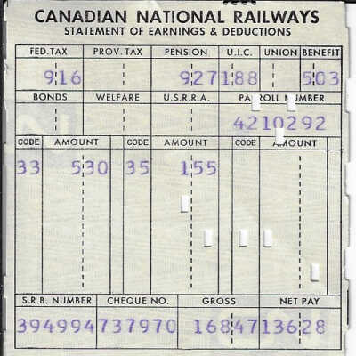 Canadian National Statement of Earnings and Deductions belonging to Frank Mazzuca