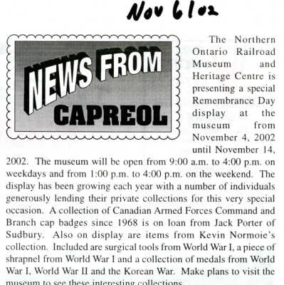 "News from Capreol" in Valley Vision, November 6, 2002