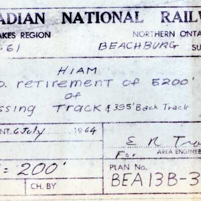 Document, Plan, Canadian National Railways, Great Lakes Region, Northern Ontario Area, Mile 916.1, Beachburg Subdivision, Hiam Proposed Retirement of 5200' of passing track, 325' of Back Track.