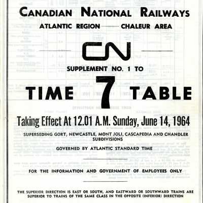 Timetable Supplement 1 to Atlantic Region - Chaleur Area 7, June 14, 1964.