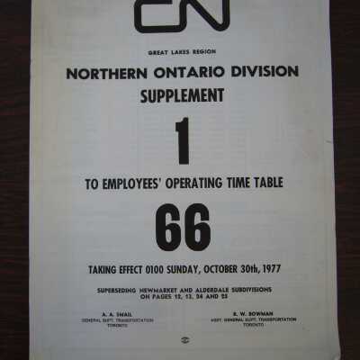 CN Great Lakes Region Northern Ontario Division Supplement 1 to Employees' Operating Time Table 66, Taking Effect Sunday, October 30th, 1977