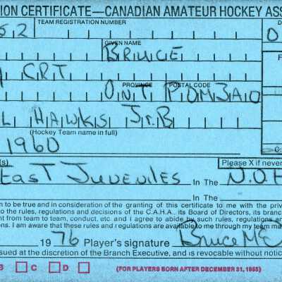 Hockey Player Registration Certificate belonging to Bruce McTiernan