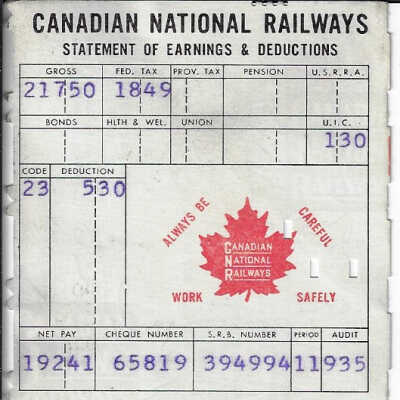 Canadian National Statement of Earnings and Deductions belonging to Frank Mazzuca