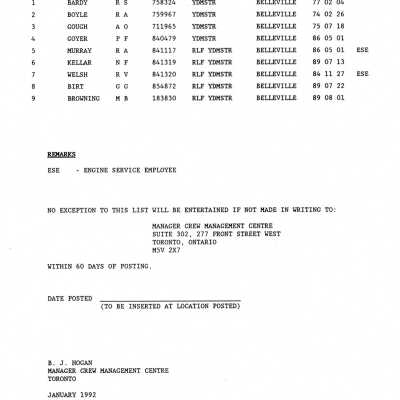 CN Rail, Seniority List, January 1992.