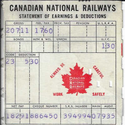 Canadian National Statement of Earnings and Deductions belonging to Frank Mazzuca