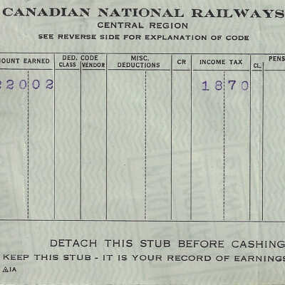 Canadian National Statement of Earnings and Deductions belonging to Frank Mazzuca